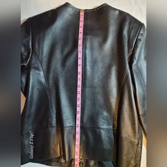 Talbots 100% Leather Moto Lady Jacket Black White Stitching Size 14P - Picture 7 of 8